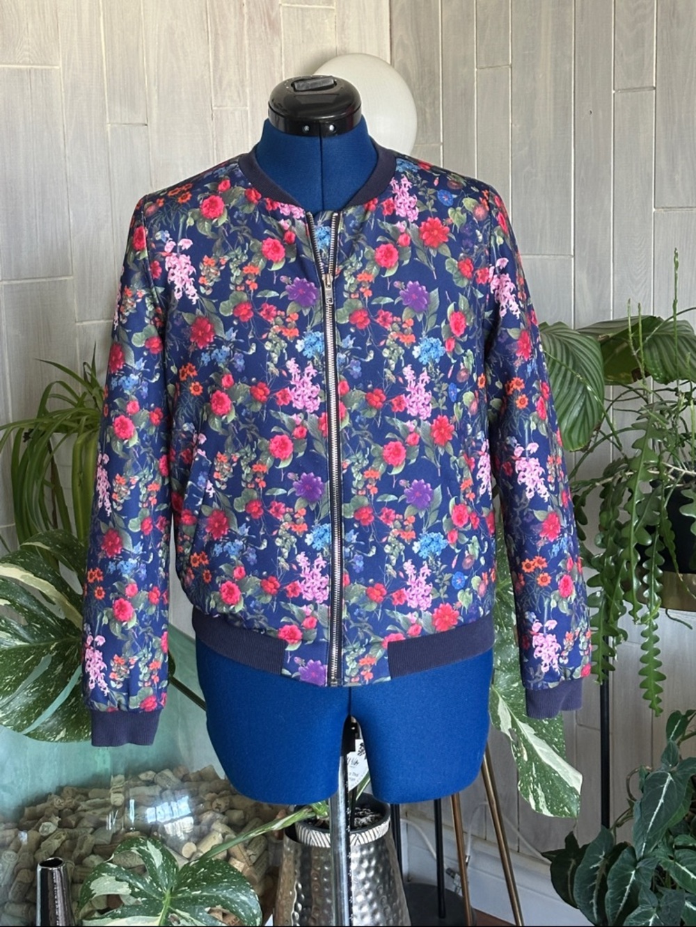 Navy Floral Bomber Jacket - Women's Zip Front